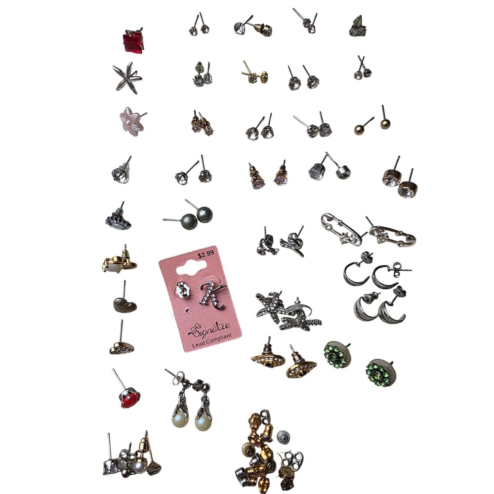 Vintage Modern Fashion Earring Lot 30+ Pairs Studs Hoops Rhinestone Starfish K2